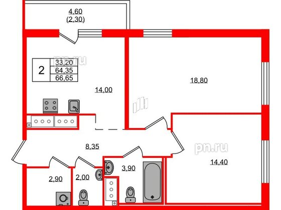 Квартира в ЖК 'OKLA', 2 комнатная, 66.65 м², 16 этаж