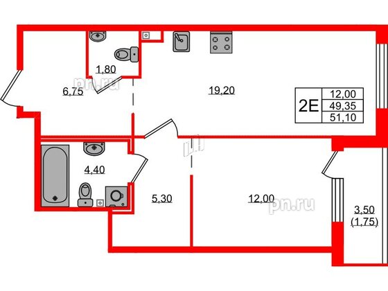 Квартира в ЖК 'OKLA', 1 комнатная, 51.1 м², 2 этаж