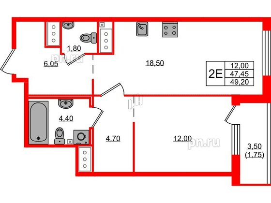 Квартира в ЖК 'OKLA', 1 комнатная, 49.2 м², 3 этаж