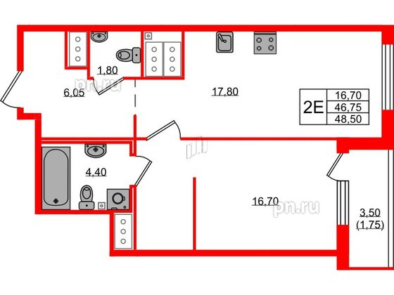 Квартира в ЖК 'OKLA', 1 комнатная, 48.5 м², 21 этаж