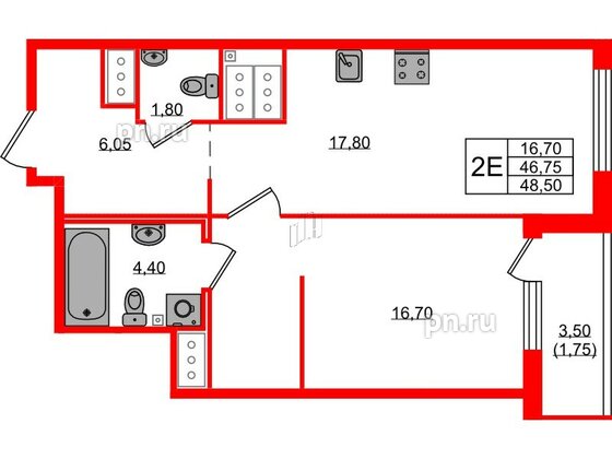 Квартира в ЖК 'OKLA', 1 комнатная, 48.5 м², 25 этаж