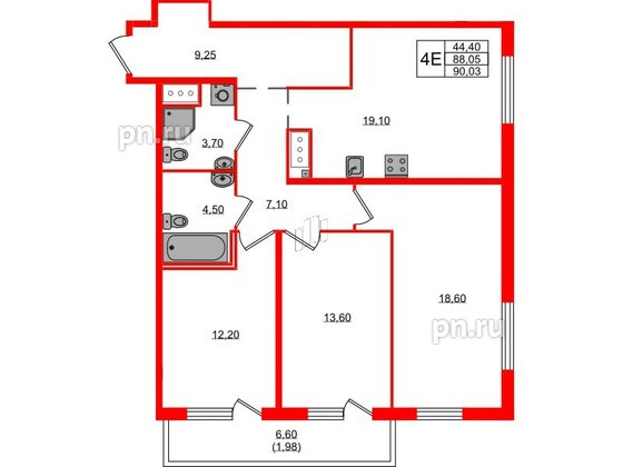 Квартира в ЖК 'OKLA', 3 комнатная, 90.03 м², 4 этаж