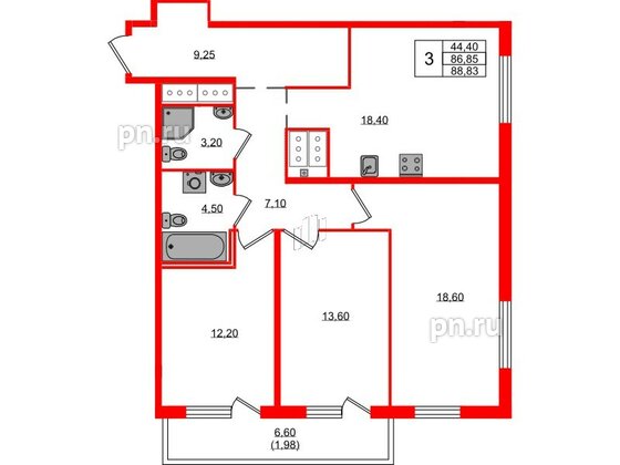 Квартира в ЖК 'OKLA', 3 комнатная, 88.83 м², 18 этаж