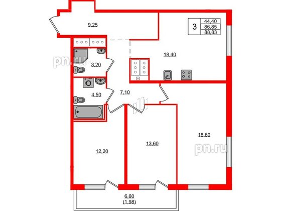 Квартира в ЖК 'OKLA', 3 комнатная, 88.83 м², 25 этаж