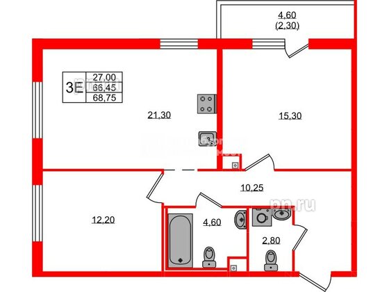 Квартира в ЖК «Окла Вижн», 2 комнатная, 68.75 м², 2 этаж