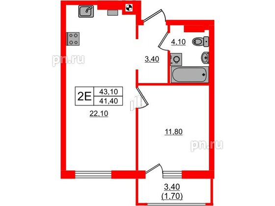 Квартира в ЖК «River Park-2», 1 комнатная, 43.1 м², 3 этаж