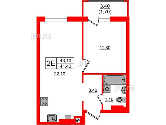 Квартира в ЖК «River Park-2», 1 комнатная, 43.1 м², 2 этаж