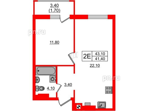 Квартира в ЖК «River Park-2», 1 комнатная, 43.1 м², 4 этаж