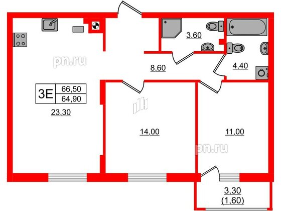 Квартира в ЖК «River Park-2», 2 комнатная, 66.5 м², 1 этаж