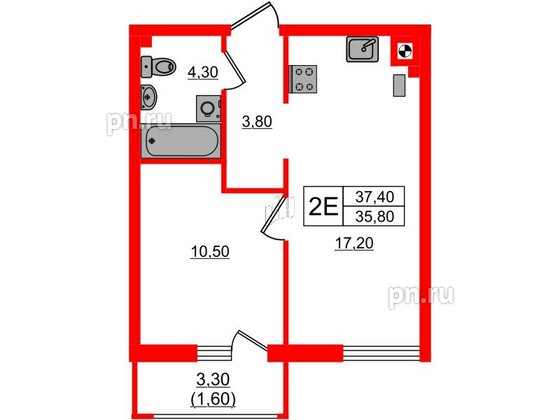 Квартира в ЖК «River Park-2», 1 комнатная, 37.4 м², 1 этаж