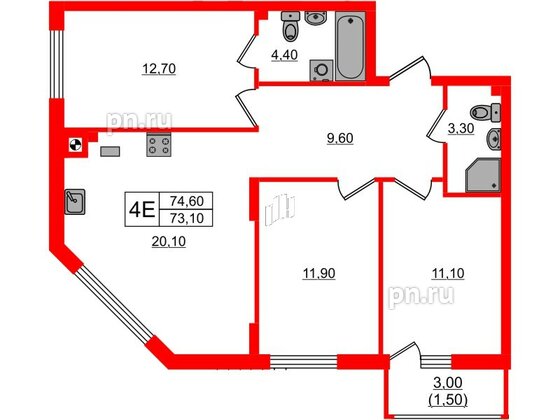 Квартира в ЖК «River Park-2», 3 комнатная, 74.6 м², 1 этаж