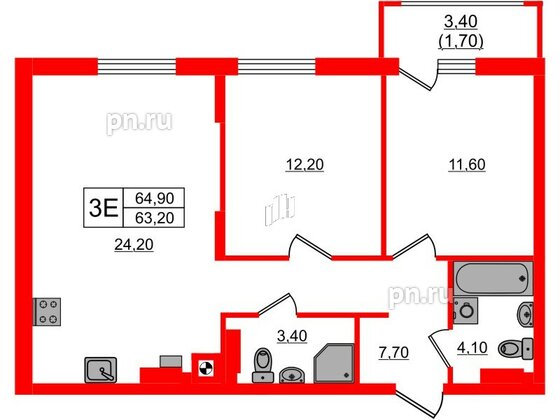 Квартира в ЖК «River Park-2», 2 комнатная, 64.9 м², 3 этаж