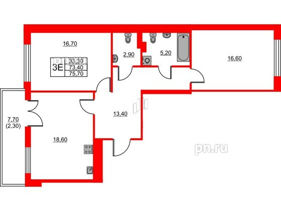 Квартира в ЖК Riviera club, 2 комнатная, 75.7 м², 4 этаж