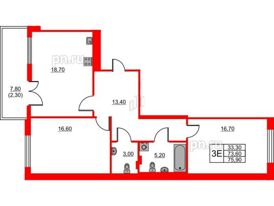 Квартира в ЖК Riviera club, 2 комнатная, 75.9 м², 4 этаж