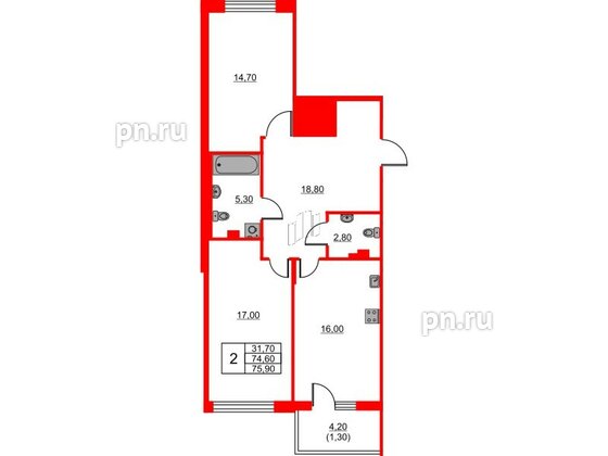 Квартира в ЖК Riviera club, 2 комнатная, 75.9 м², 3 этаж