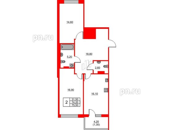 Квартира в ЖК Riviera club, 2 комнатная, 75.5 м², 4 этаж