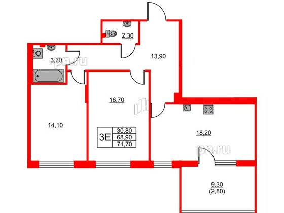 Квартира в ЖК Riviera club, 2 комнатная, 71.7 м², 3 этаж