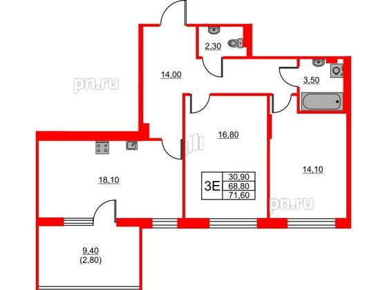 Квартира в ЖК Riviera club, 2 комнатная, 71.6 м², 4 этаж