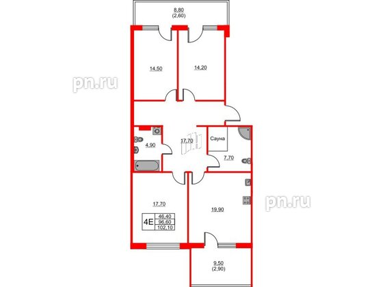 Квартира в ЖК Riviera club, 3 комнатная, 102.1 м², 2 этаж