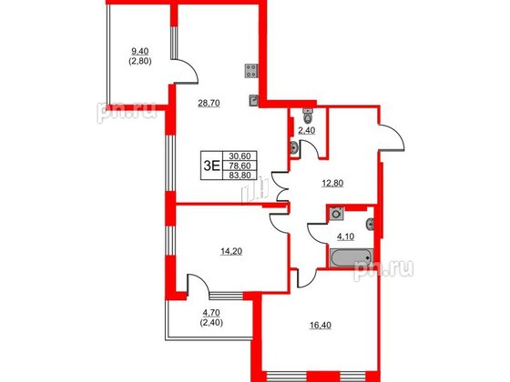 Квартира в ЖК Riviera club, 2 комнатная, 83.8 м², 4 этаж