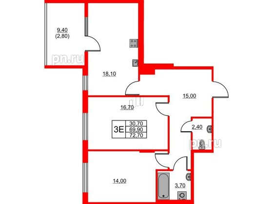 Квартира в ЖК Riviera club, 2 комнатная, 72.7 м², 2 этаж