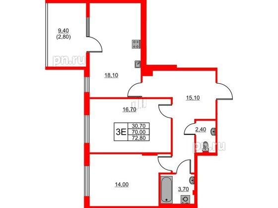 Квартира в ЖК Riviera club, 2 комнатная, 72.8 м², 3 этаж