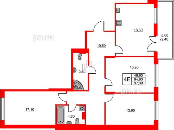 Квартира в ЖК Riviera club, 3 комнатная, 97.3 м², 4 этаж