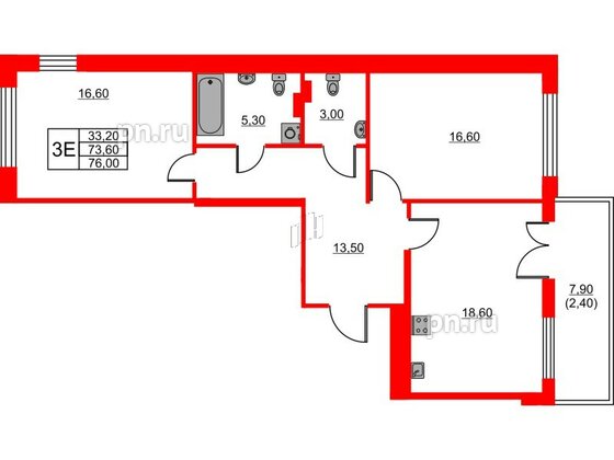 Квартира в ЖК Riviera club, 2 комнатная, 76 м², 4 этаж