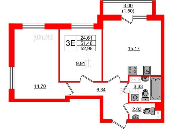 Квартира в ЖК Кинопарк, 2 комнатная, 52.98 м², 4 этаж