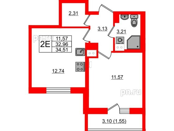 Квартира в ЖК Кинопарк, 1 комнатная, 34.51 м², 5 этаж