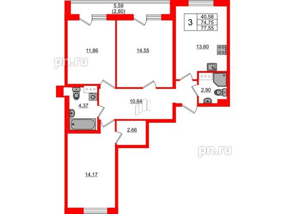 Квартира в ЖК Кинопарк, 3 комнатная, 77.55 м², 7 этаж