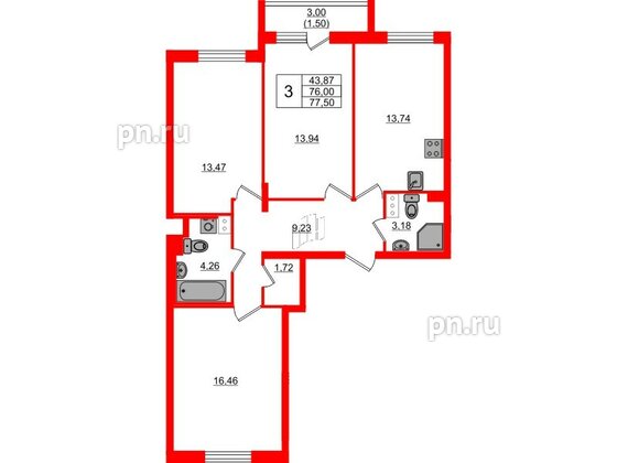 Квартира в ЖК Кинопарк, 3 комнатная, 77.5 м², 5 этаж