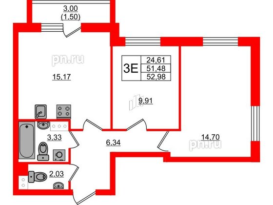 Квартира в ЖК Кинопарк, 2 комнатная, 52.98 м², 5 этаж