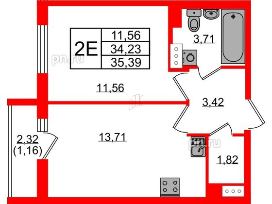 Квартира в ЖК Кинопарк, 1 комнатная, 35.39 м², 5 этаж