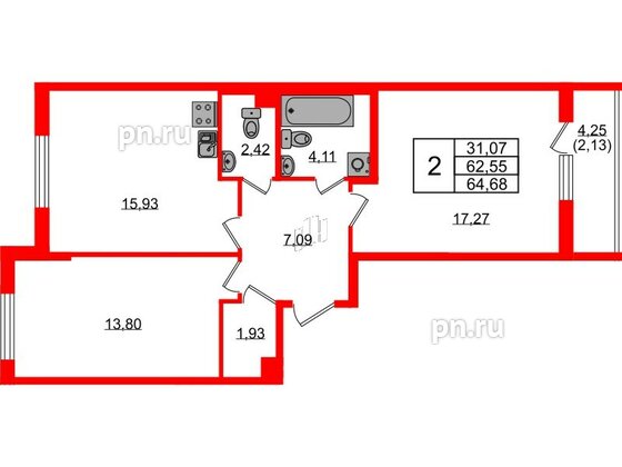 Квартира в ЖК Кинопарк, 2 комнатная, 64.68 м², 2 этаж