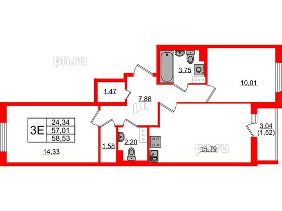 Квартира в ЖК Кинопарк, 2 комнатная, 58.53 м², 2 этаж