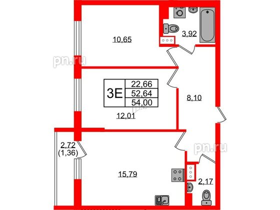 Квартира в ЖК Кинопарк, 2 комнатная, 54 м², 3 этаж