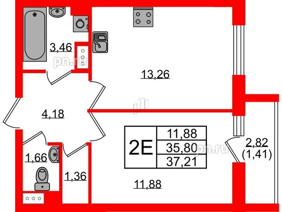 Квартира в ЖК Кинопарк, 1 комнатная, 37.21 м², 7 этаж