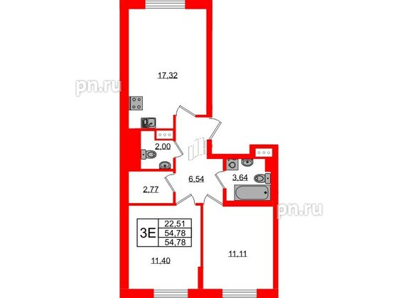 Квартира в ЖК Кинопарк, 2 комнатная, 54.78 м², 2 этаж