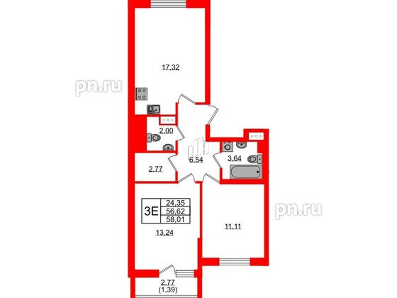 Квартира в ЖК Кинопарк, 2 комнатная, 58.01 м², 3 этаж