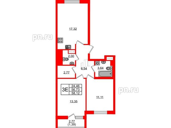 Квартира в ЖК Кинопарк, 2 комнатная, 58.12 м², 7 этаж