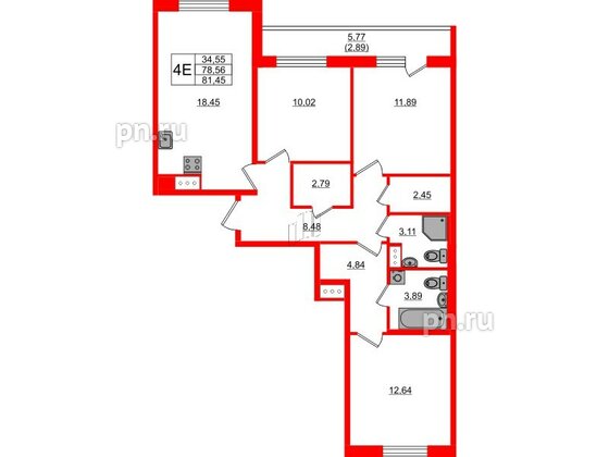 Квартира в ЖК «Кинопарк», 3 комнатная, 81.45 м², 7 этаж