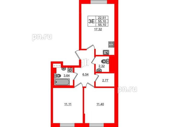 Квартира в ЖК Кинопарк, 2 комнатная, 55.1 м², 2 этаж