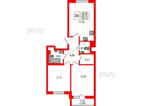 Квартира в ЖК Кинопарк, 2 комнатная, 58.12 м², 4 этаж