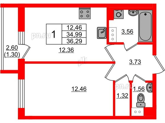 Квартира в ЖК Кинопарк, 1 комнатная, 36.29 м², 3 этаж