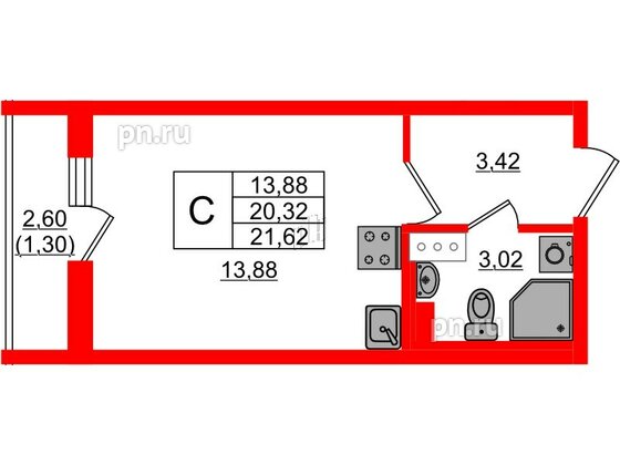 Квартира в ЖК Кинопарк, студия, 21.62 м², 3 этаж