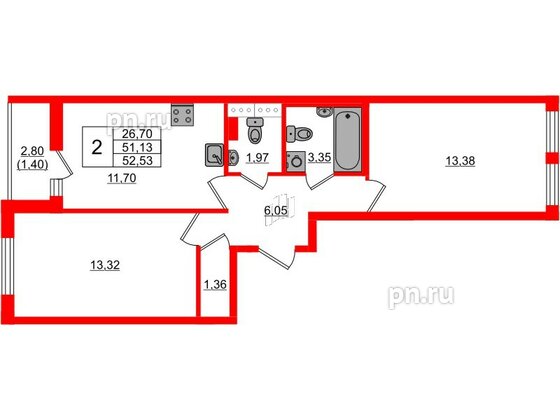 Квартира в ЖК Кинопарк, 2 комнатная, 52.53 м², 9 этаж