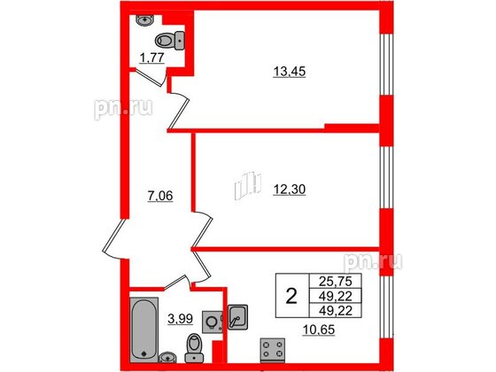 Квартира в ЖК Кинопарк, 2 комнатная, 49.22 м², 2 этаж