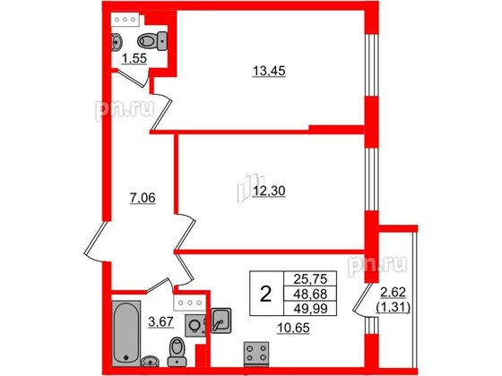 Квартира в ЖК Кинопарк, 2 комнатная, 49.99 м², 7 этаж