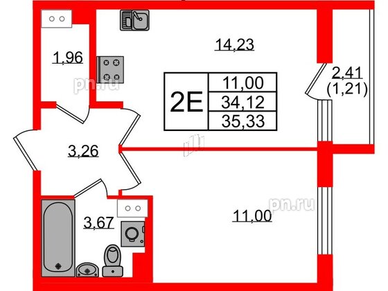 Квартира в ЖК Кинопарк, 1 комнатная, 35.33 м², 6 этаж